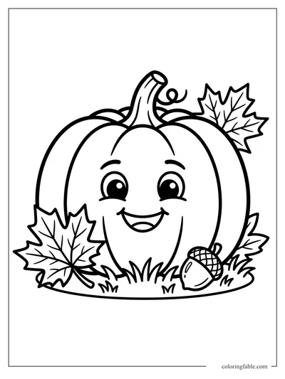 Smiling pumpkin coloring page with maple leaves, grass, curly stem, and an acorn for toddlers.
