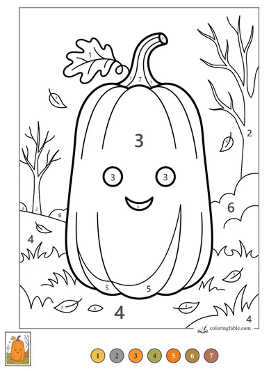 Smiling Pumpkin with Falling Leaves — color by number