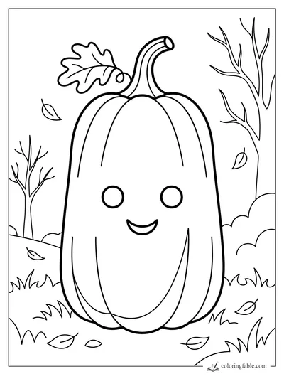 Easy smiling pumpkin coloring page with curved stem, oak leaf, bare trees, grass, and falling autumn leaves