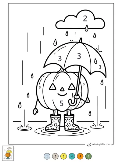 Smiling Pumpkin with Umbrella in the Rain — color by number