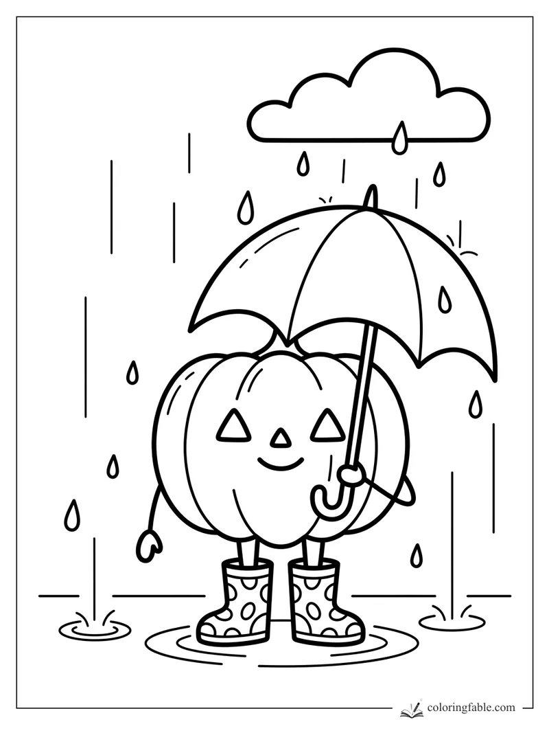 Smiling jack-o’-lantern holding an umbrella, wearing polka-dot rain boots under a rainy cloud.