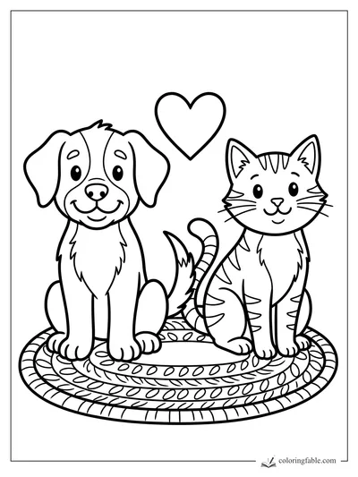 Cartoon puppy and kitten sitting on a patterned rug with a heart above them