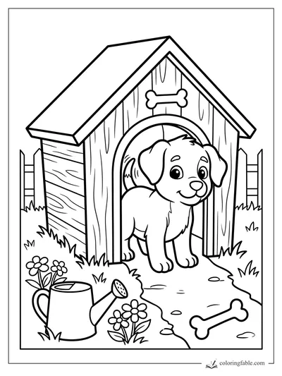Cartoon puppy peeking from a wooden doghouse with flowers, watering can, fence, and bone on the path.