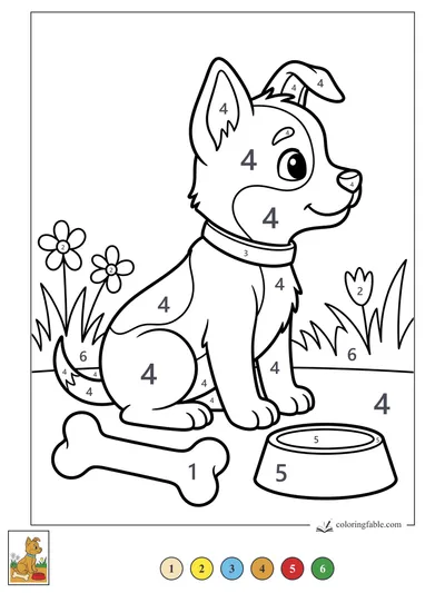 Smiling Puppy by the Bowl and Bone — color by number