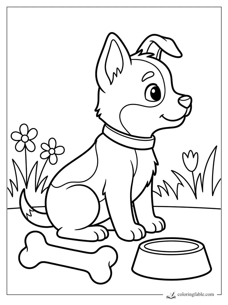Easy puppy coloring page with a smiling pup, collar, bone, bowl, grass, and flowers.