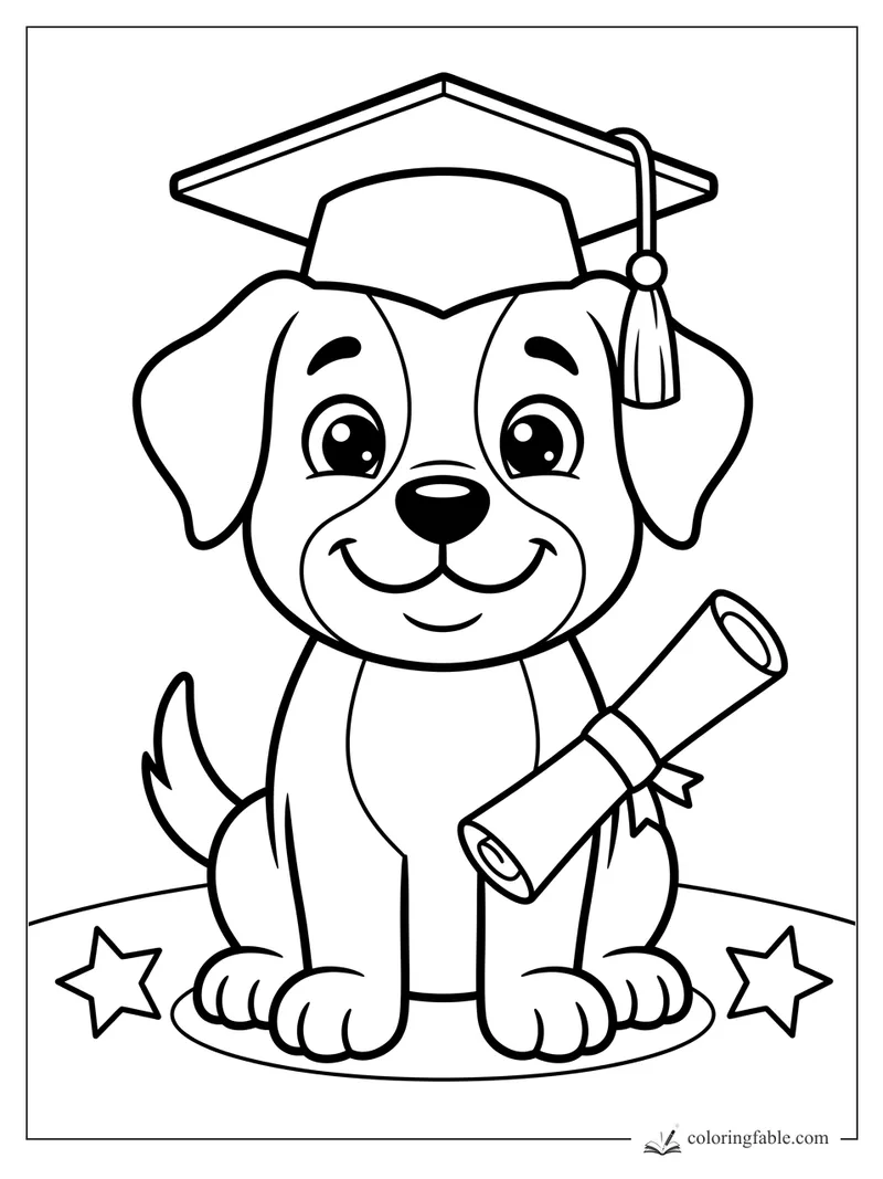 Cartoon puppy in graduation cap holding a rolled diploma, with tassel and stars