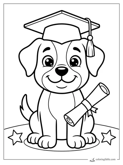 Cartoon puppy in graduation cap holding a rolled diploma, with tassel and stars