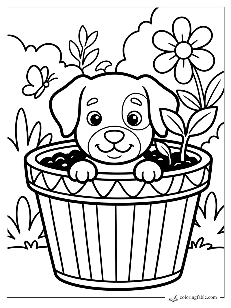 Smiling puppy peeking from a flowerpot with a butterfly, leafy sprouts, and a tall daisy.