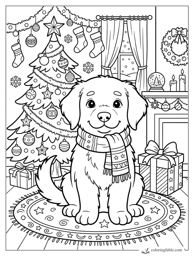 Smiling puppy in a scarf sitting on a patterned rug beside a decorated Christmas tree and gifts.