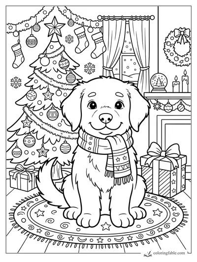 Smiling puppy in a scarf sitting on a patterned rug beside a decorated Christmas tree and gifts.
