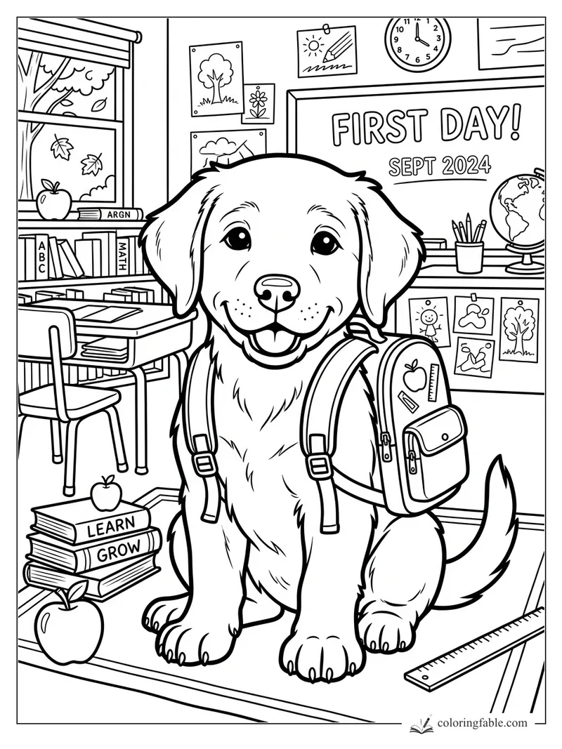 Happy puppy wearing a backpack in a classroom with First Day Sept 2024 on the board.