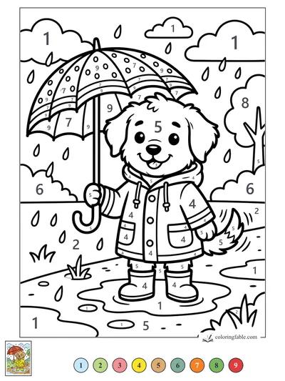 Smiling Puppy Under a Polka-Dot Umbrella — color by number