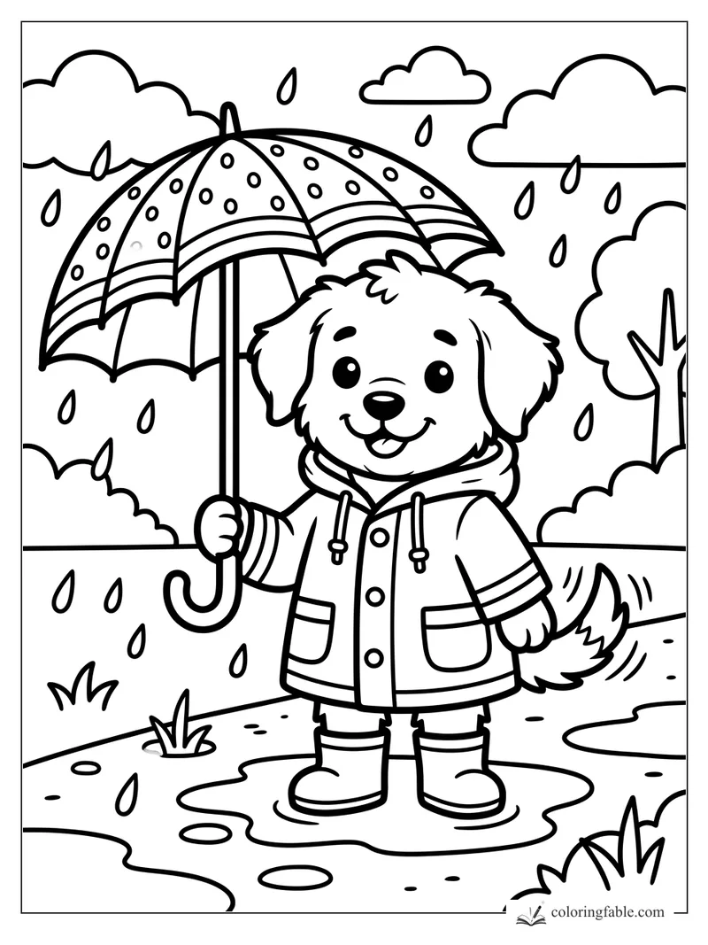 Smiling puppy in a raincoat holding a polka-dot umbrella beside puddles and falling raindrops.
