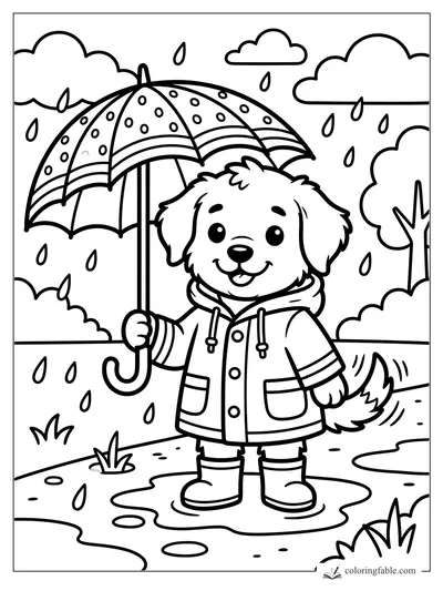 Smiling puppy in a raincoat holding a polka-dot umbrella beside puddles and falling raindrops.