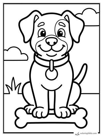 Easy coloring page of a smiling puppy with floppy ears, collar tag, clouds, grass, and a big bone.