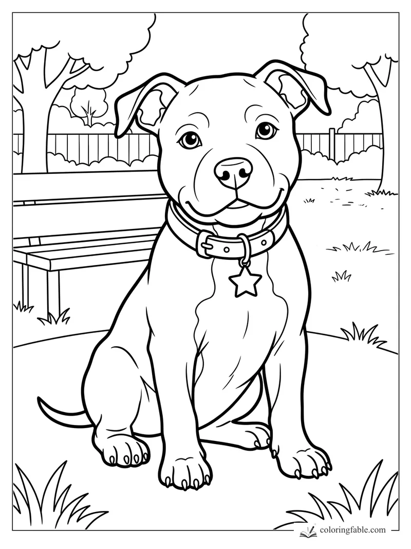 Smiling puppy with floppy ears, collar, star tag, park bench, fence, trees, and grass coloring page