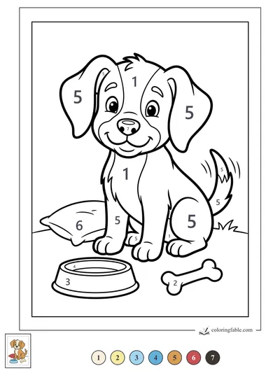 Smiling Puppy with Bowl and Bone — color by number