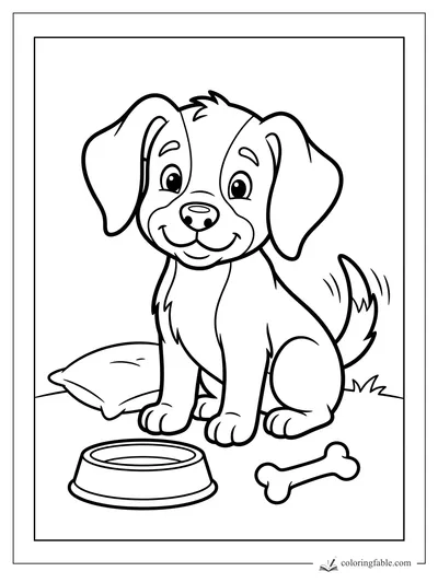 Cartoon puppy sitting by a pet bowl, bone, pillow, and wagging tail lines.