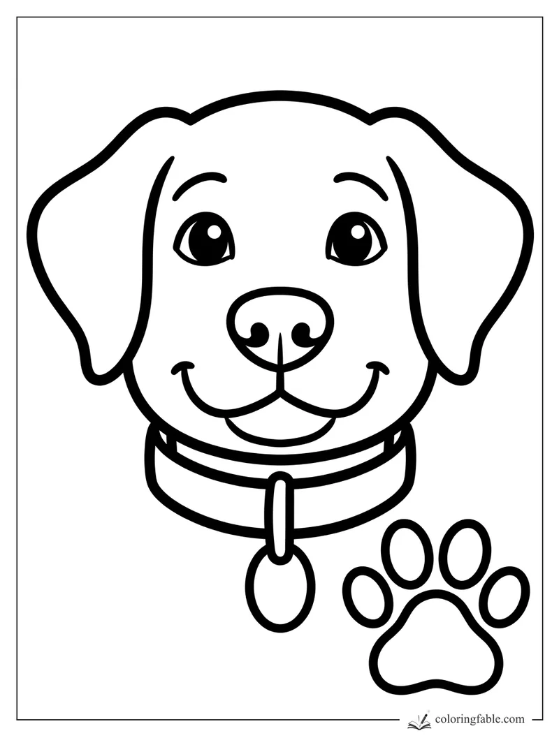 Easy coloring page of a smiling puppy face with floppy ears, collar tag, and paw print.