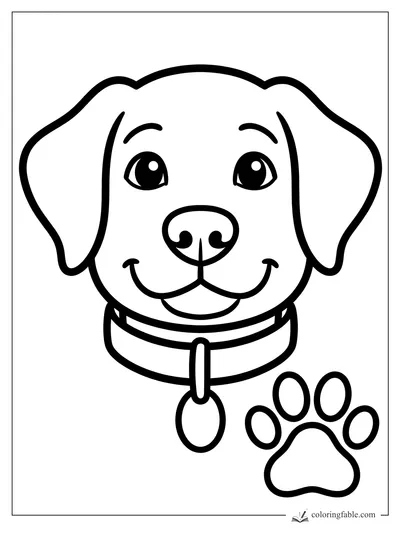 Easy coloring page of a smiling puppy face with floppy ears, collar tag, and paw print.