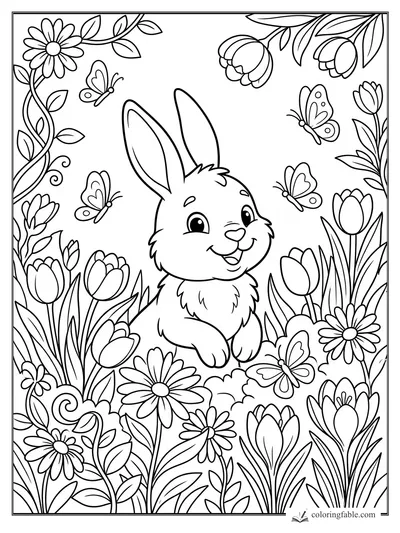 Cartoon rabbit smiling in a flower garden with tulips, daisies, leafy vines, and butterflies