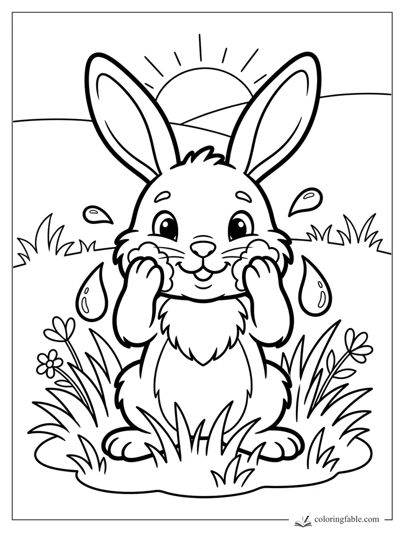 Easy coloring page of a smiling rabbit in tall grass with sunrise, flowers, and big raindrops