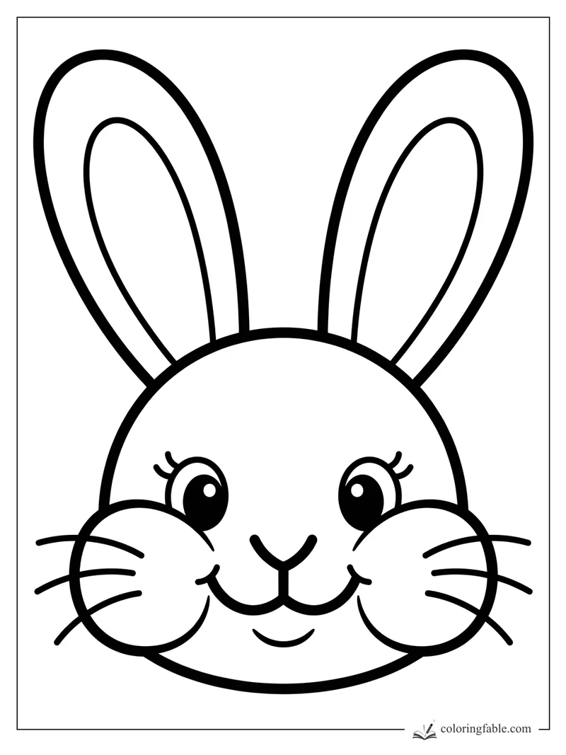 Bold easy rabbit face with tall ears, round cheeks, whiskers, eyelashes, and a happy smile