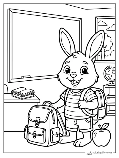 Cartoon rabbit in a classroom with backpack, chalkboard, books, globe, window, and apple