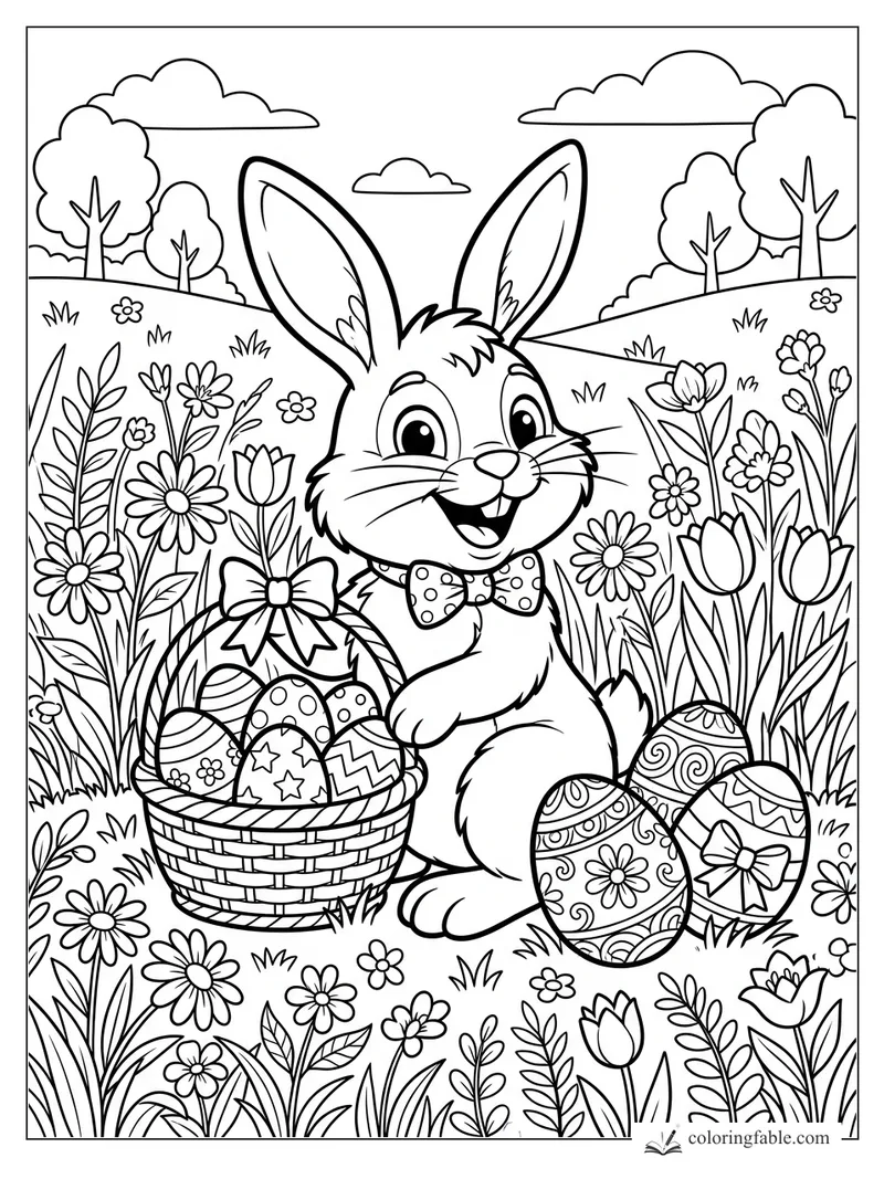 Cartoon rabbit in a bow tie beside a basket of patterned eggs, flowers, hills, trees, and clouds.