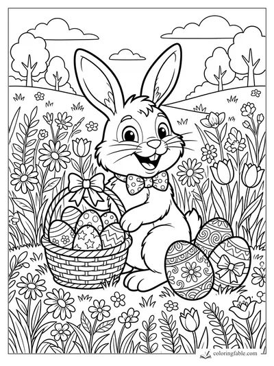 Cartoon rabbit in a bow tie beside a basket of patterned eggs, flowers, hills, trees, and clouds.