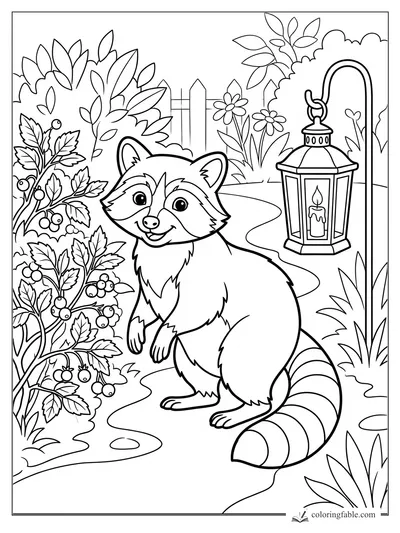 Cute raccoon beside berry bushes, flowers, a fence, and a hanging garden lantern coloring page
