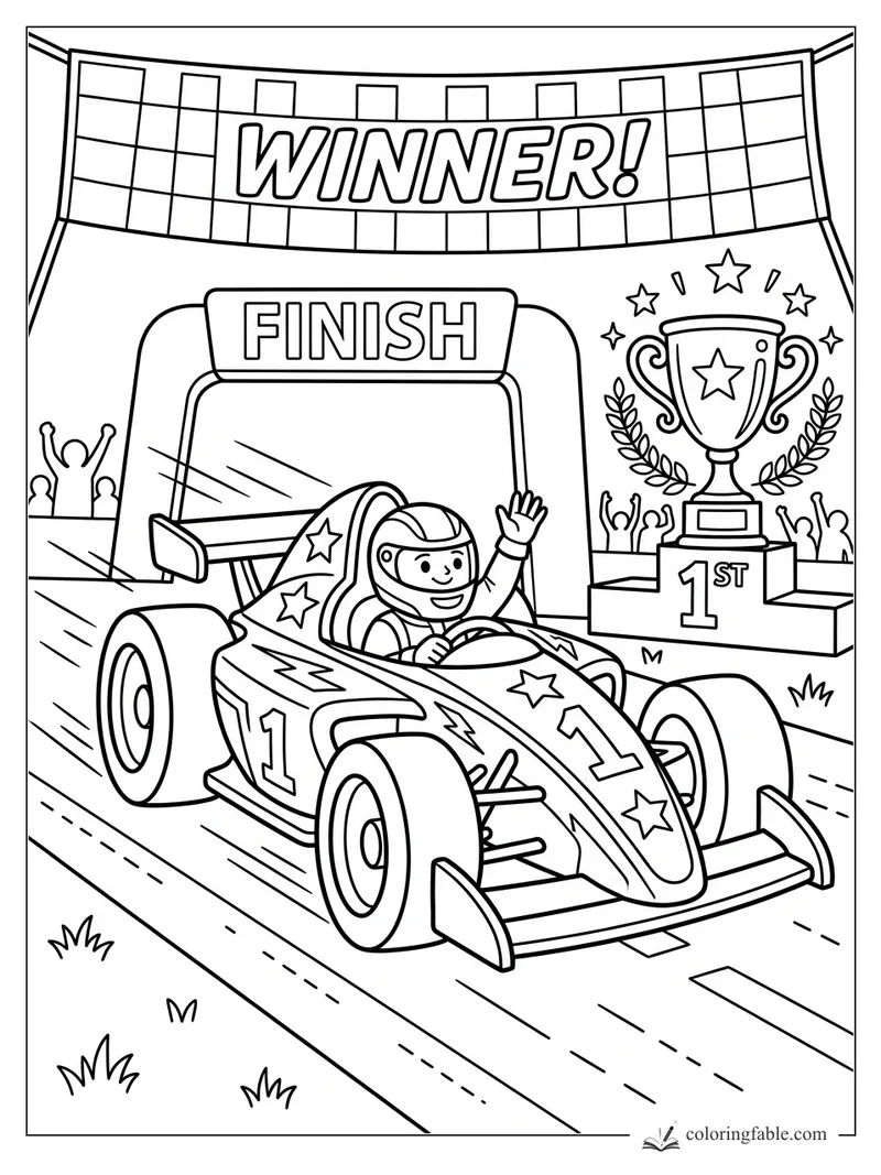 Cartoon sports car driver waving under a WINNER banner beside a 1st place trophy.