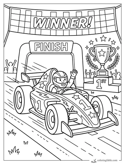 Cartoon sports car driver waving under a WINNER banner beside a 1st place trophy.