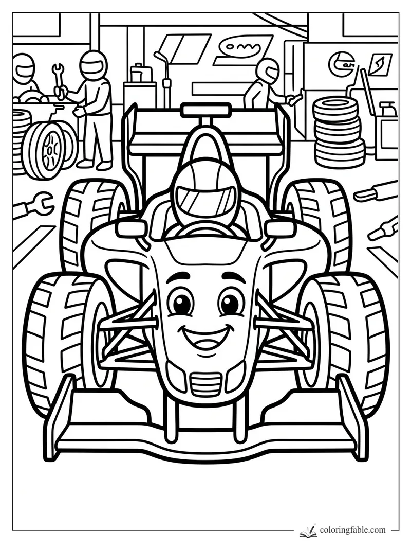 Smiling race car with driver, crew, tools, tire stacks, and workbench in a pit garage coloring page