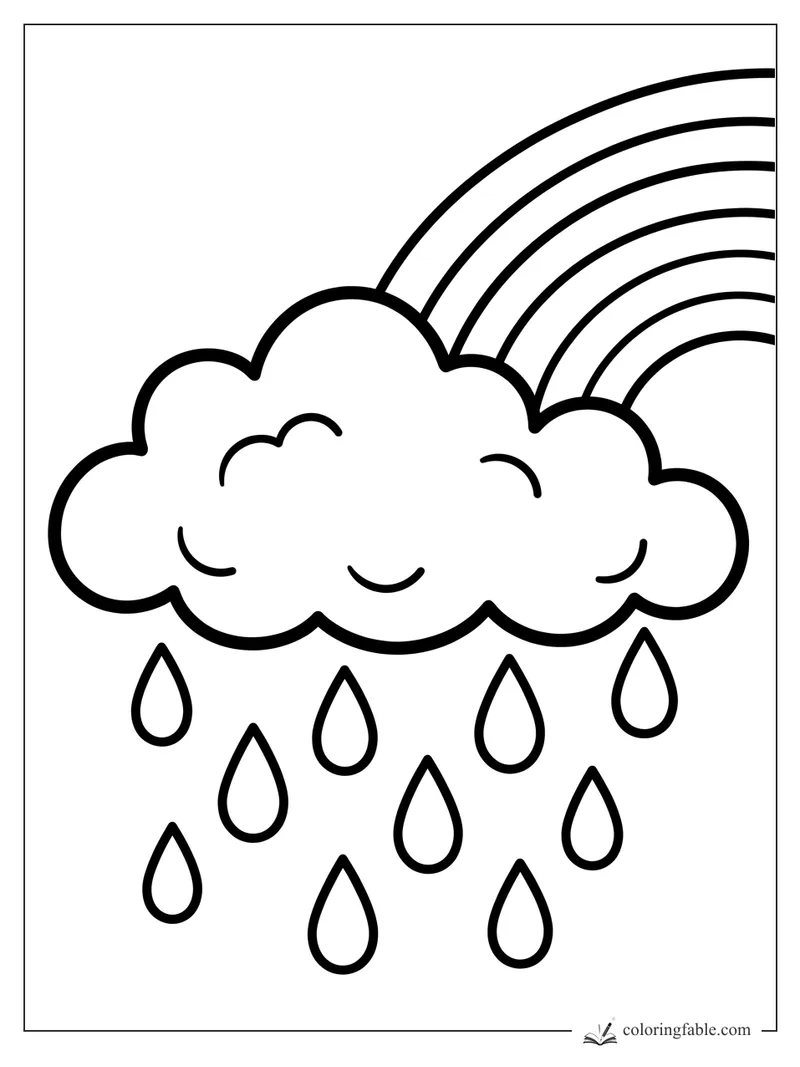 Bold coloring page of a smiling rain cloud, falling raindrops, and a large rainbow arch