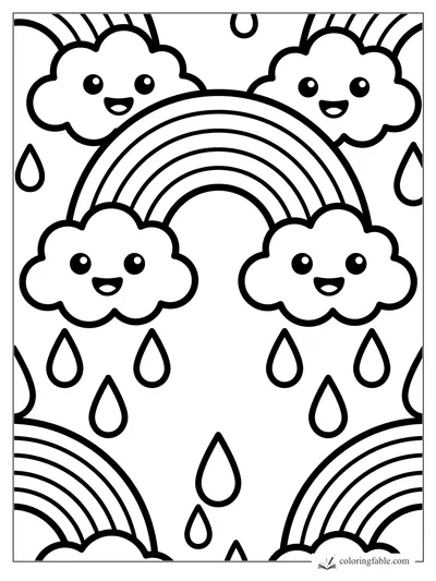 Kawaii rainbow coloring page with smiling clouds and big raindrops