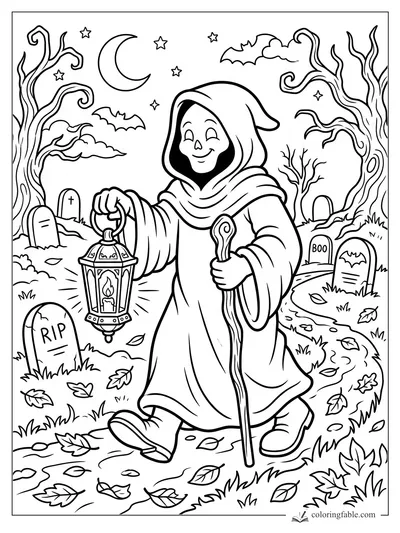 Cartoon smiling reaper carrying a lantern and staff through a spooky graveyard under bats and a crescent moon