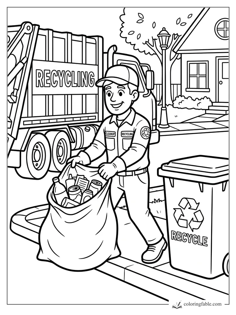 Cartoon recycling worker lifting a bag of bottles beside a recycle bin and truck on a neighborhood street