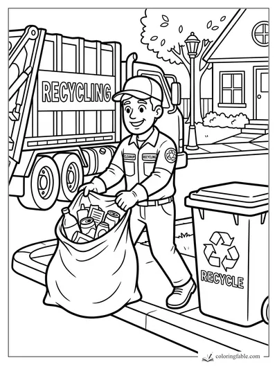 Cartoon recycling worker lifting a bag of bottles beside a recycle bin and truck on a neighborhood street