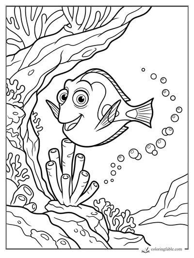 Cartoon smiling fish with big eyes swimming past tube coral, reef rocks, seaweed, and bubbles.