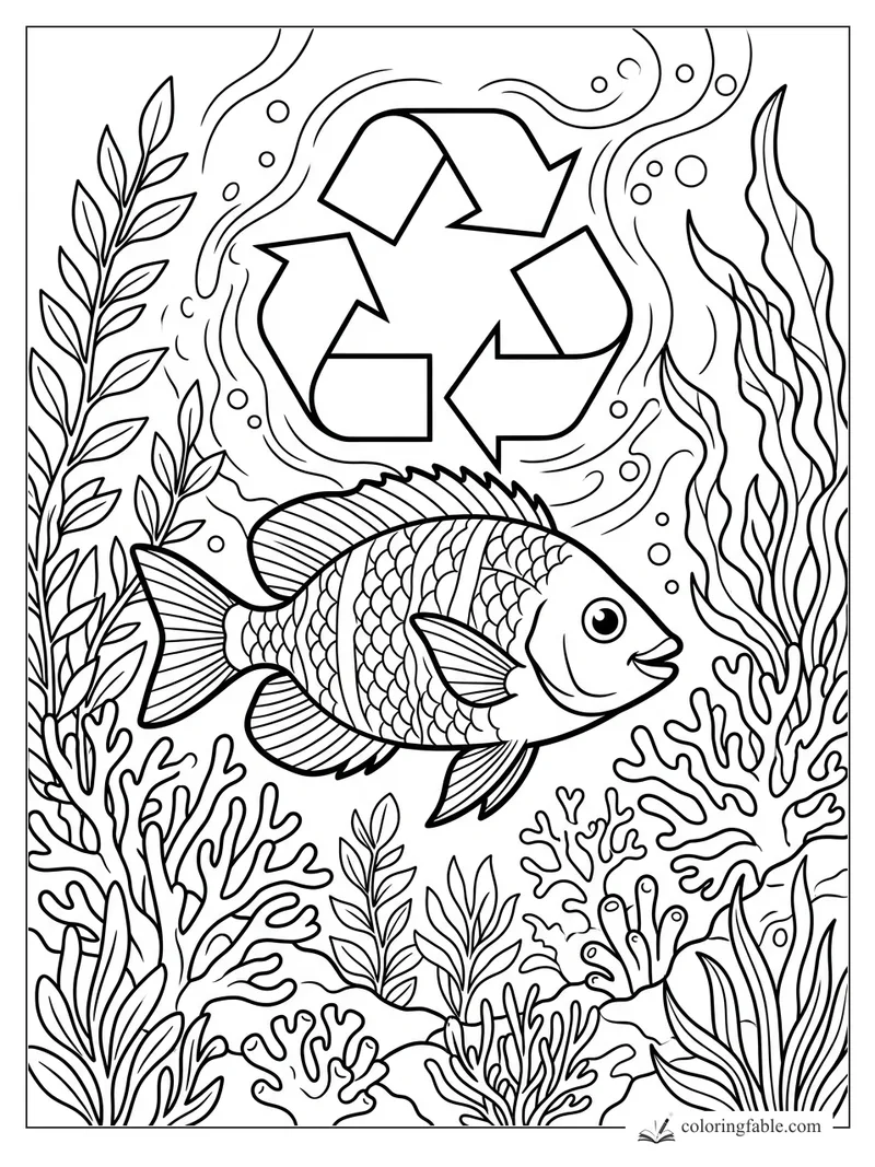 Smiling fish swimming through coral, seaweed, bubbles, and a large recycling symbol underwater