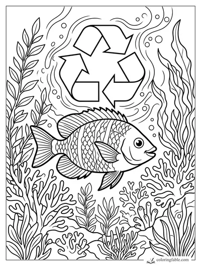 Smiling fish swimming through coral, seaweed, bubbles, and a large recycling symbol underwater