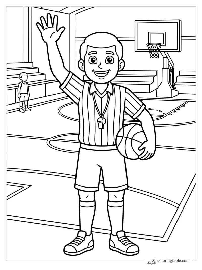 Cartoon basketball referee waving with ball and whistle on indoor court