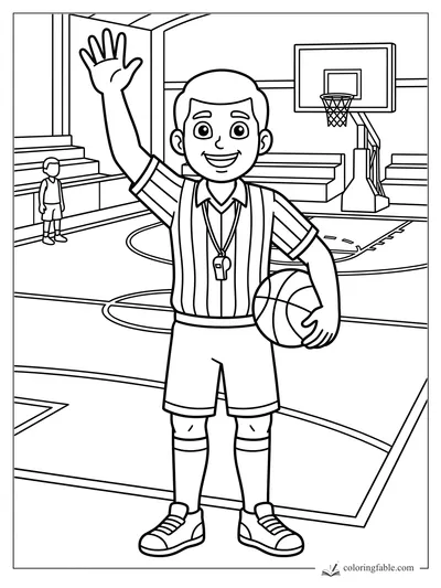 Cartoon basketball referee waving with ball and whistle on indoor court