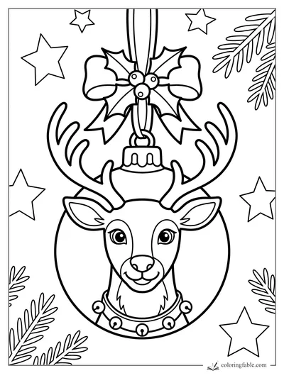 Smiling reindeer inside a round ornament with antlers, bells, bow, stars, and pine branches