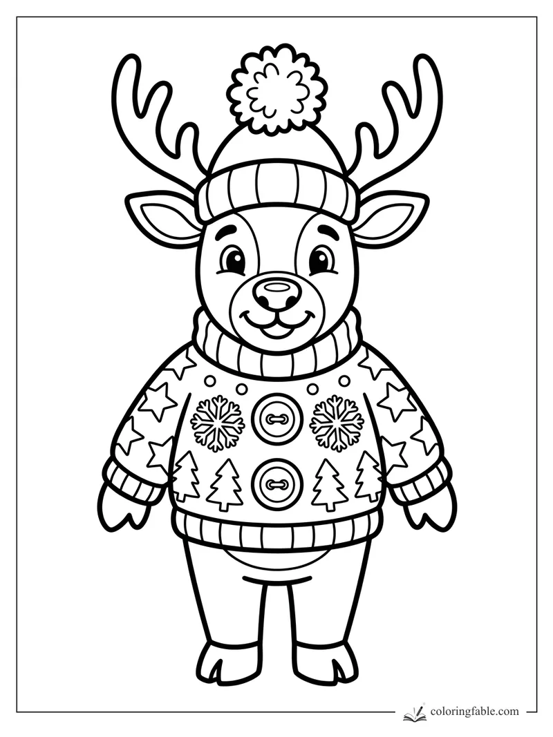 Cute reindeer coloring page with antlers, pom-pom hat, and snowflake sweater