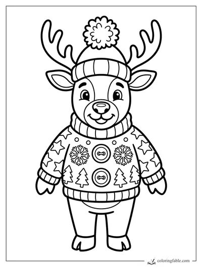 Cute reindeer coloring page with antlers, pom-pom hat, and snowflake sweater