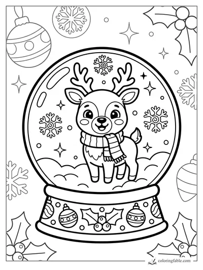 Cute reindeer in a scarf inside a snow globe with snowflakes, holly, stars, and ornaments.
