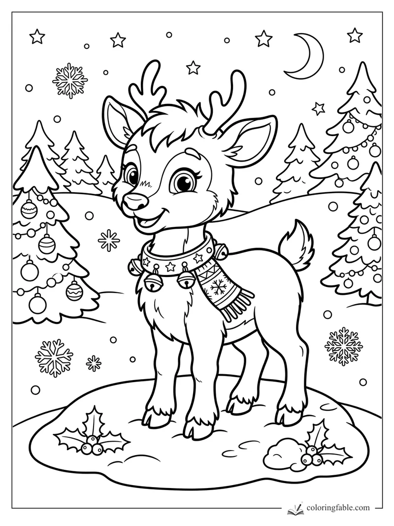 Cute reindeer with antlers, scarf, jingle-bell collar, snowflakes, crescent moon, and decorated pine trees.