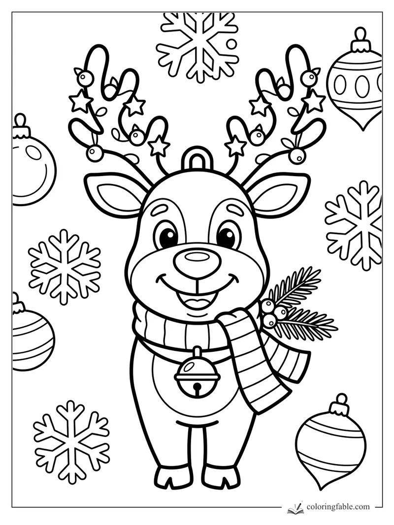 Cartoon reindeer ornament with scarf, bell, star antlers, snowflakes, pine sprig, and hanging baubles